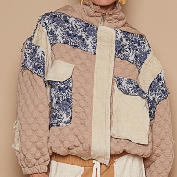433. POL LAST 2! Jacket Coat Oversized Tan Quilted Jacquard hooded  Zip - Picture 2 of 5